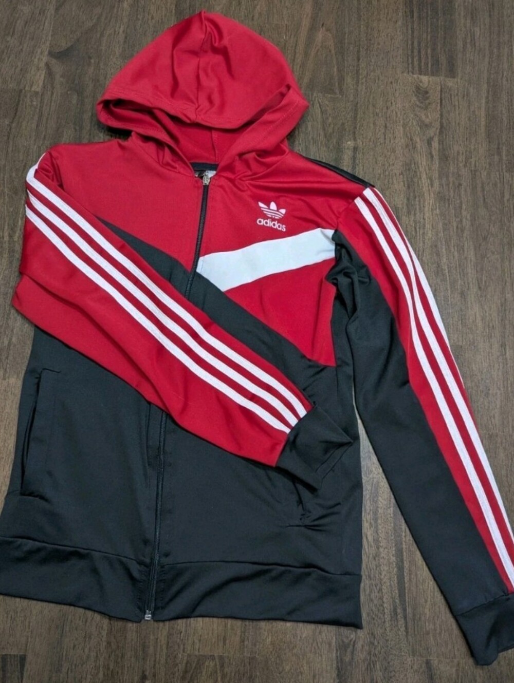 Adidas Hoodie Youth Red White Black Trefoil Zip Up Striped Y2K - Medium